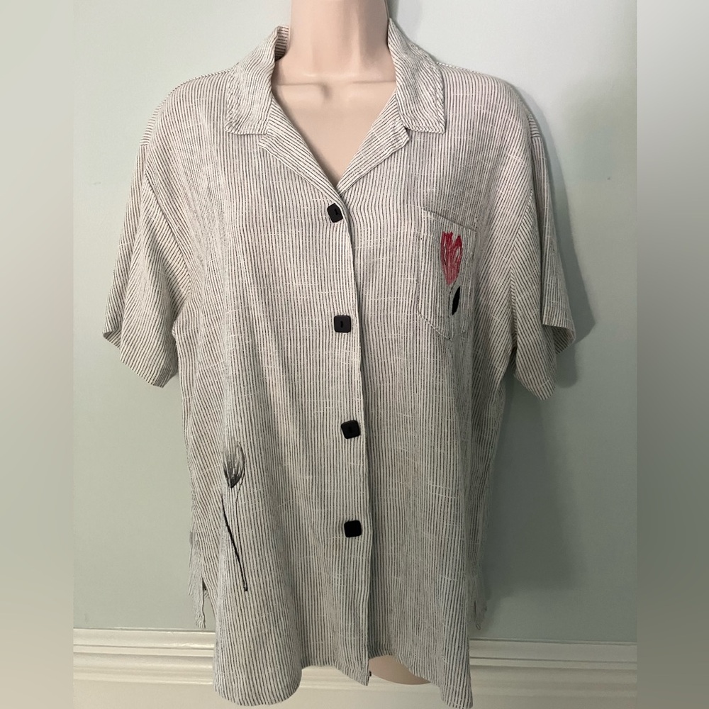 Play Alegre vintage hand painted cotton blend blouse white black stripes USA L